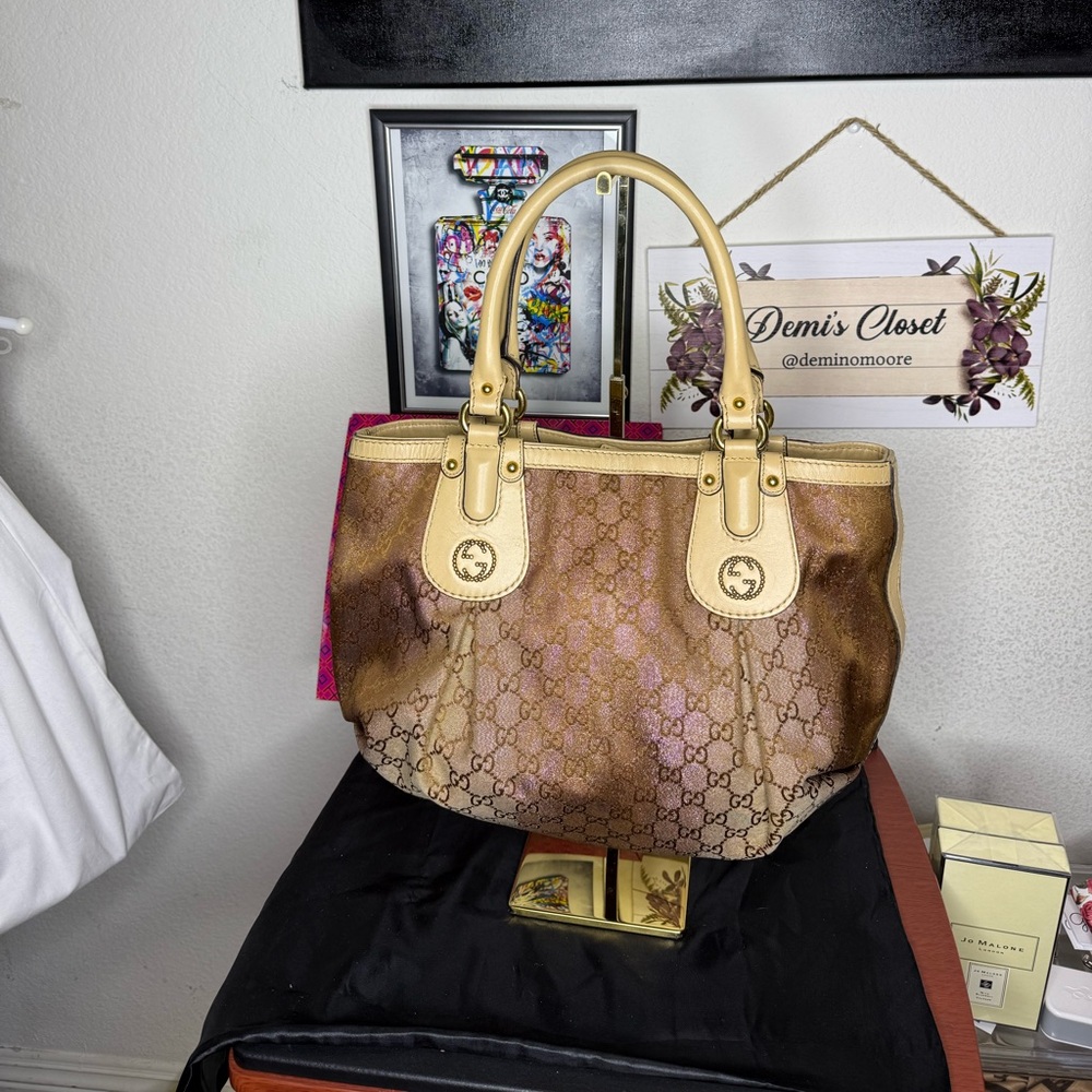 GUCCI 
Monogram Lurex Medium Scarlett Studded Tote Beige